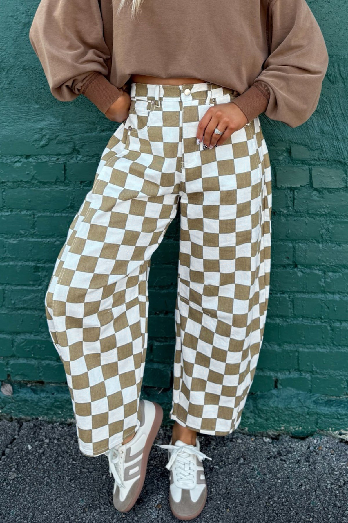 Checkered Denim Barrel Pants