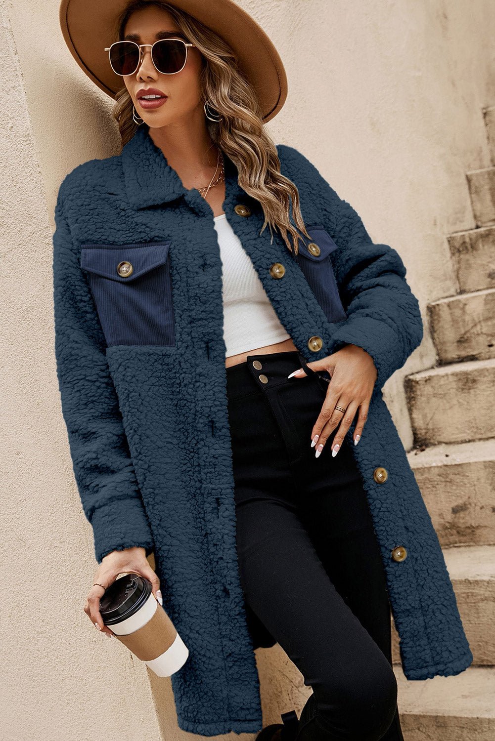 Beige Contrast Flap Pocket Single Breasted Teddy Coat - Walker Designs