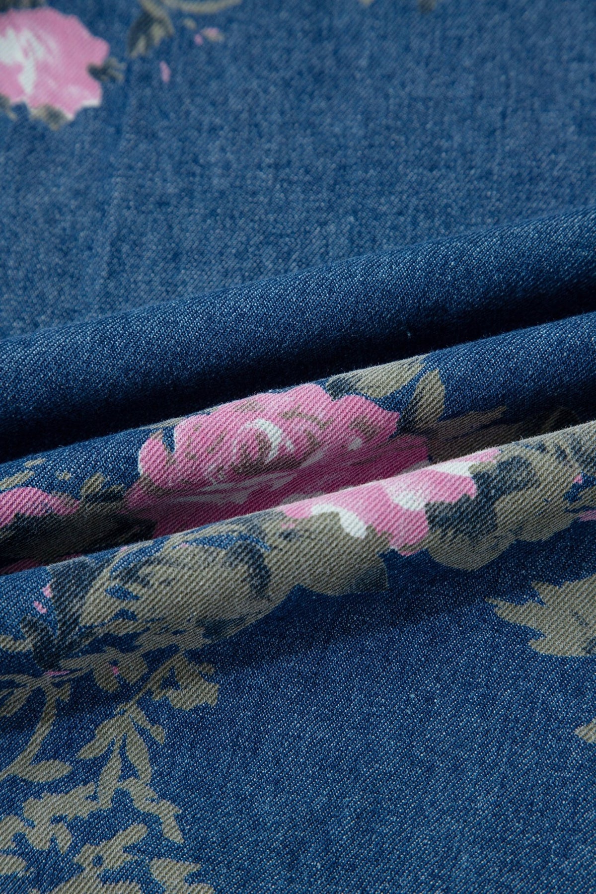 Blue Retro Floral Print Tie Elastic Waist Button Pintuck Wide Leg Jeans - Walker Designs