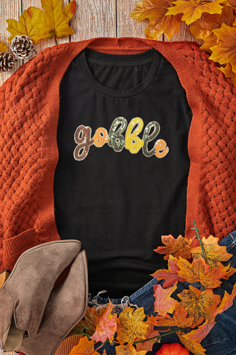 Sequin Gobble Thanksgiving Tee