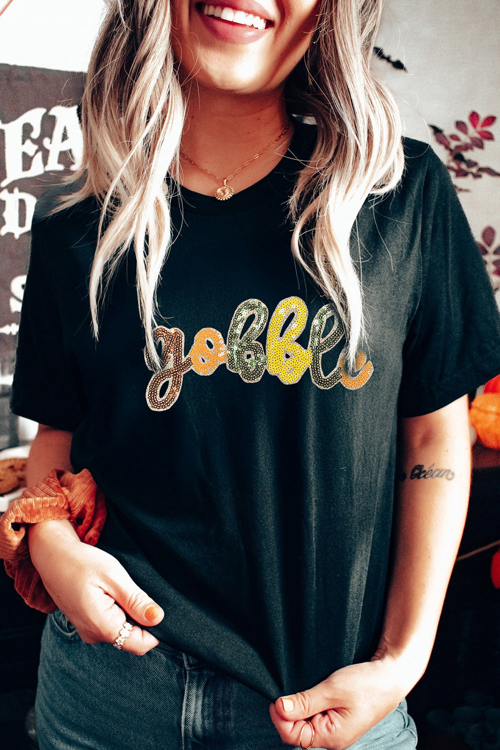 Sequin Gobble Thanksgiving Tee