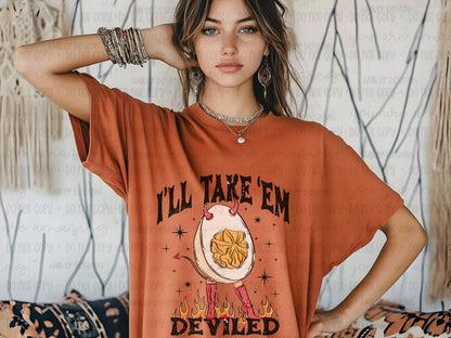Funny Thanksgiving Shirt | Ill Take  Em Deviled Comfort Colors Graphic Tee | Retro Foodie Shirt | Fall Humor T-Shirt for Women & Men