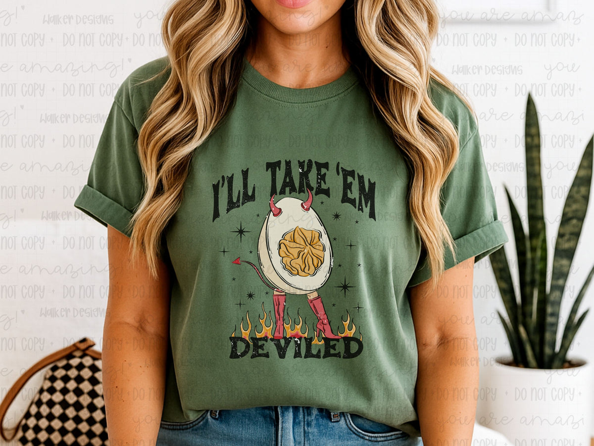Funny Thanksgiving Shirt | Ill Take  Em Deviled Comfort Colors Graphic Tee | Retro Foodie Shirt | Fall Humor T-Shirt for Women & Men