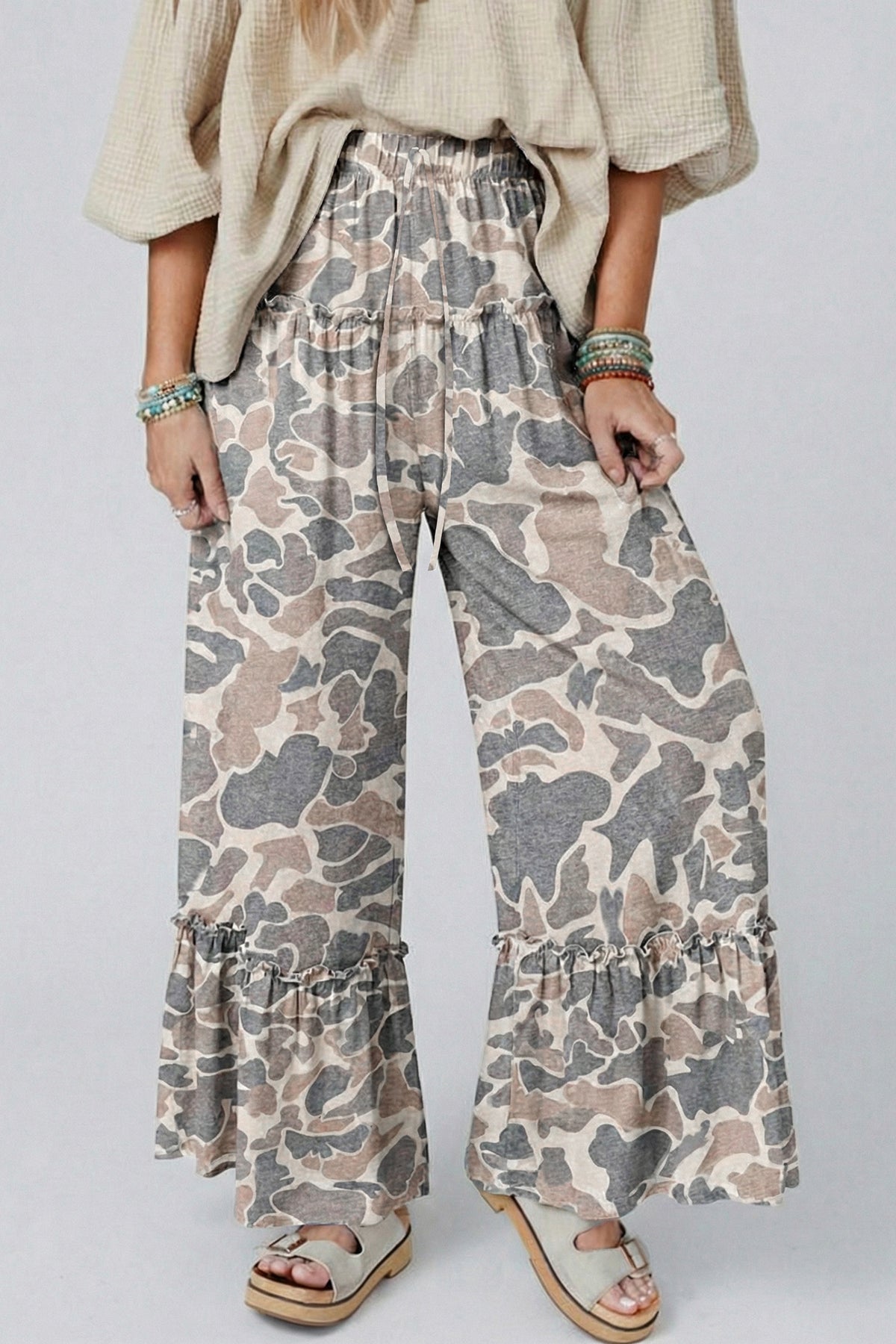 Camo Print Wide Leg Pants