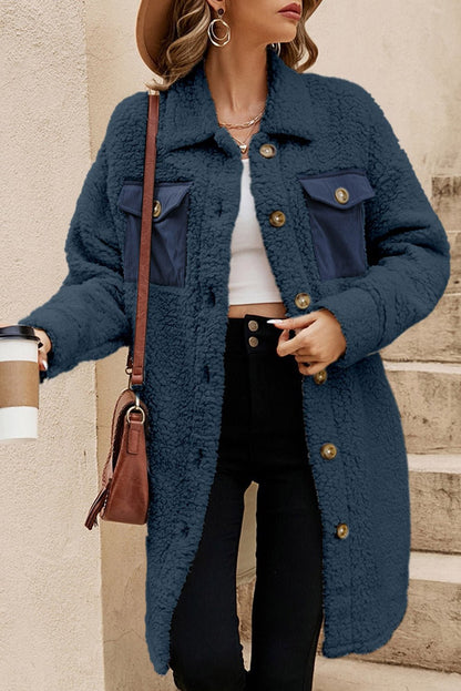 Beige Contrast Flap Pocket Single Breasted Teddy Coat - Walker Designs