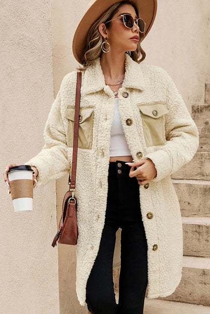 Beige Contrast Flap Pocket Single Breasted Teddy Coat - Walker Designs