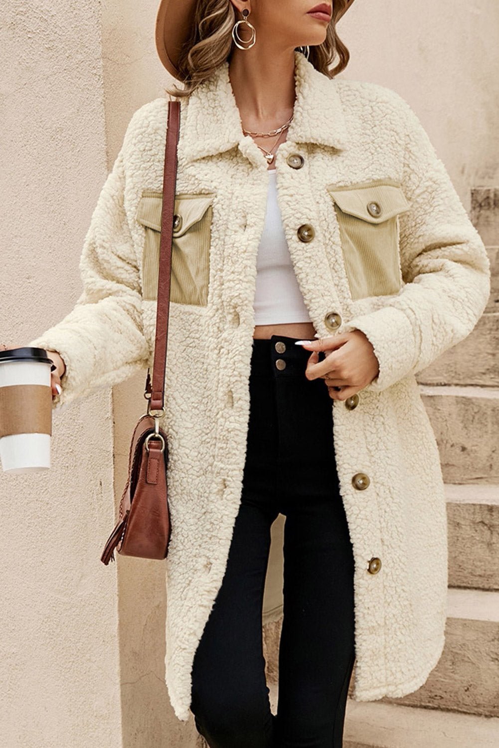 Beige Contrast Flap Pocket Single Breasted Teddy Coat - Walker Designs