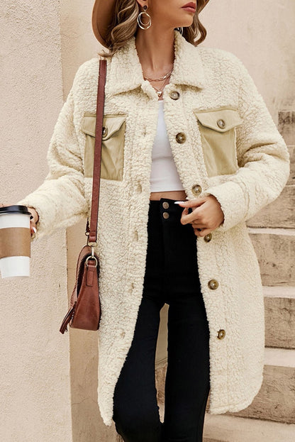 Beige Contrast Flap Pocket Single Breasted Teddy Coat - Walker Designs