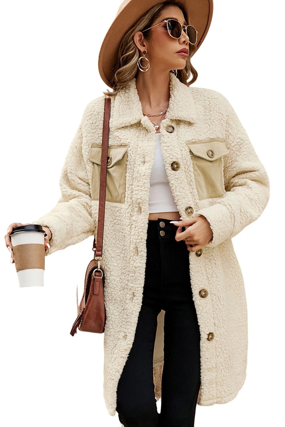 Beige Contrast Flap Pocket Single Breasted Teddy Coat - Walker Designs