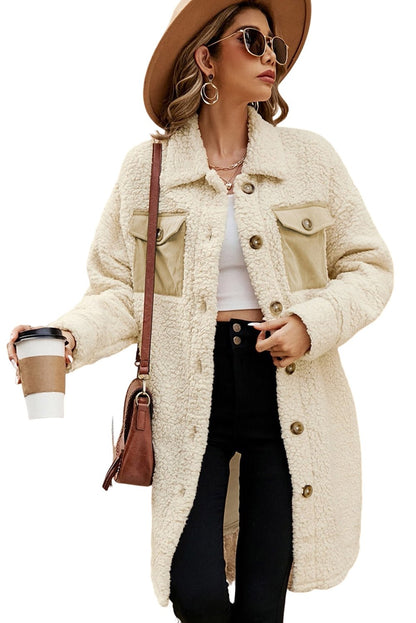 Beige Contrast Flap Pocket Single Breasted Teddy Coat - Walker Designs