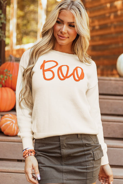 Black Boo Knitted Pattern Ribbed Edge Drop Shoulder Sweater - Walker Designs
