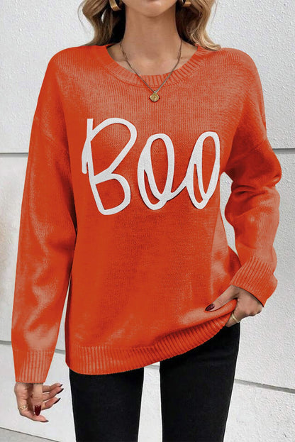 Black Boo Knitted Pattern Ribbed Edge Drop Shoulder Sweater - Walker Designs