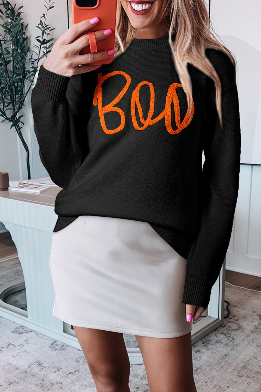 Black Boo Knitted Pattern Ribbed Edge Drop Shoulder Sweater - Walker Designs
