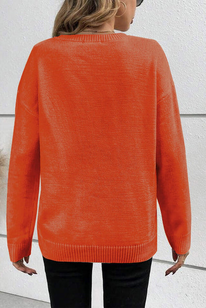 Black Boo Knitted Pattern Ribbed Edge Drop Shoulder Sweater - Walker Designs