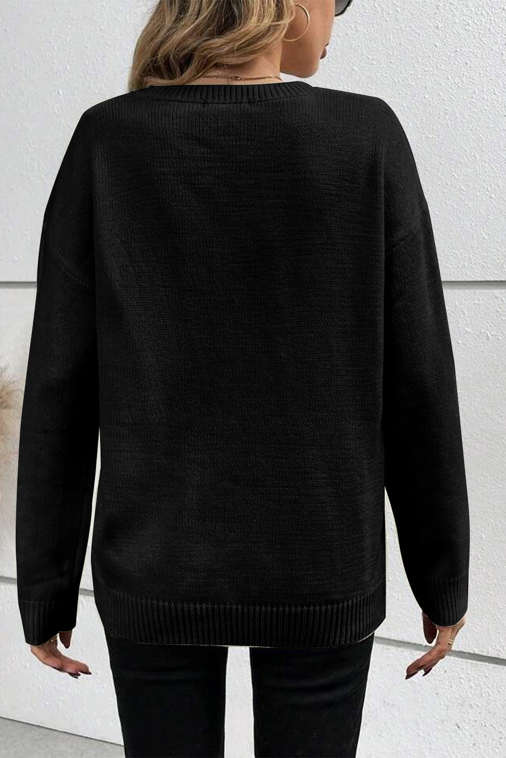 Black Boo Knitted Pattern Ribbed Edge Drop Shoulder Sweater - Walker Designs
