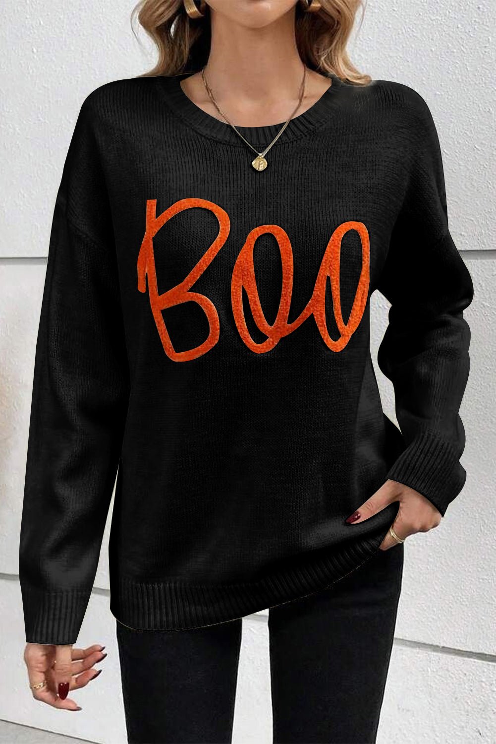 Black Boo Knitted Pattern Ribbed Edge Drop Shoulder Sweater - Walker Designs