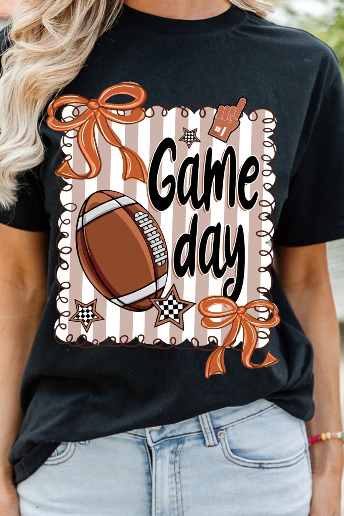 Black Casual Game Day Football Striped Tee - Walker Designs
