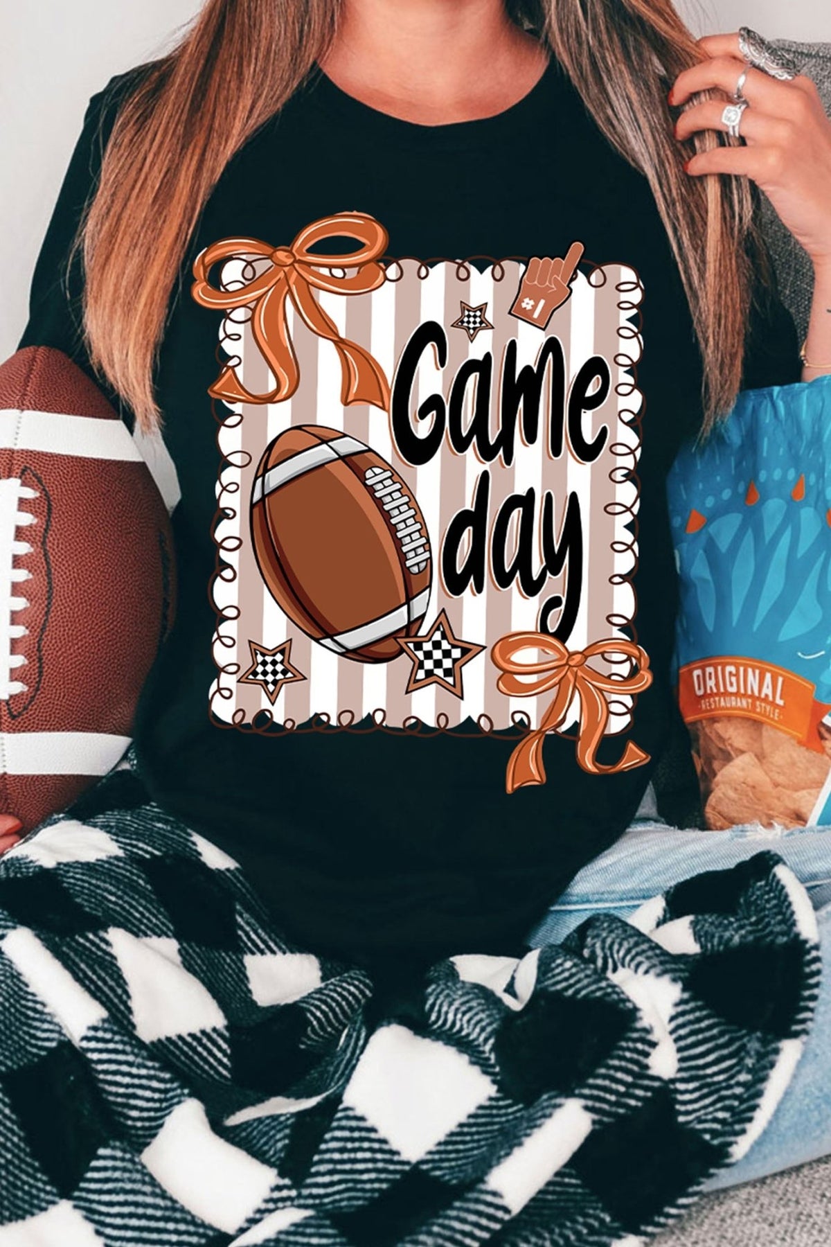 Black Casual Game Day Football Striped Tee - Walker Designs