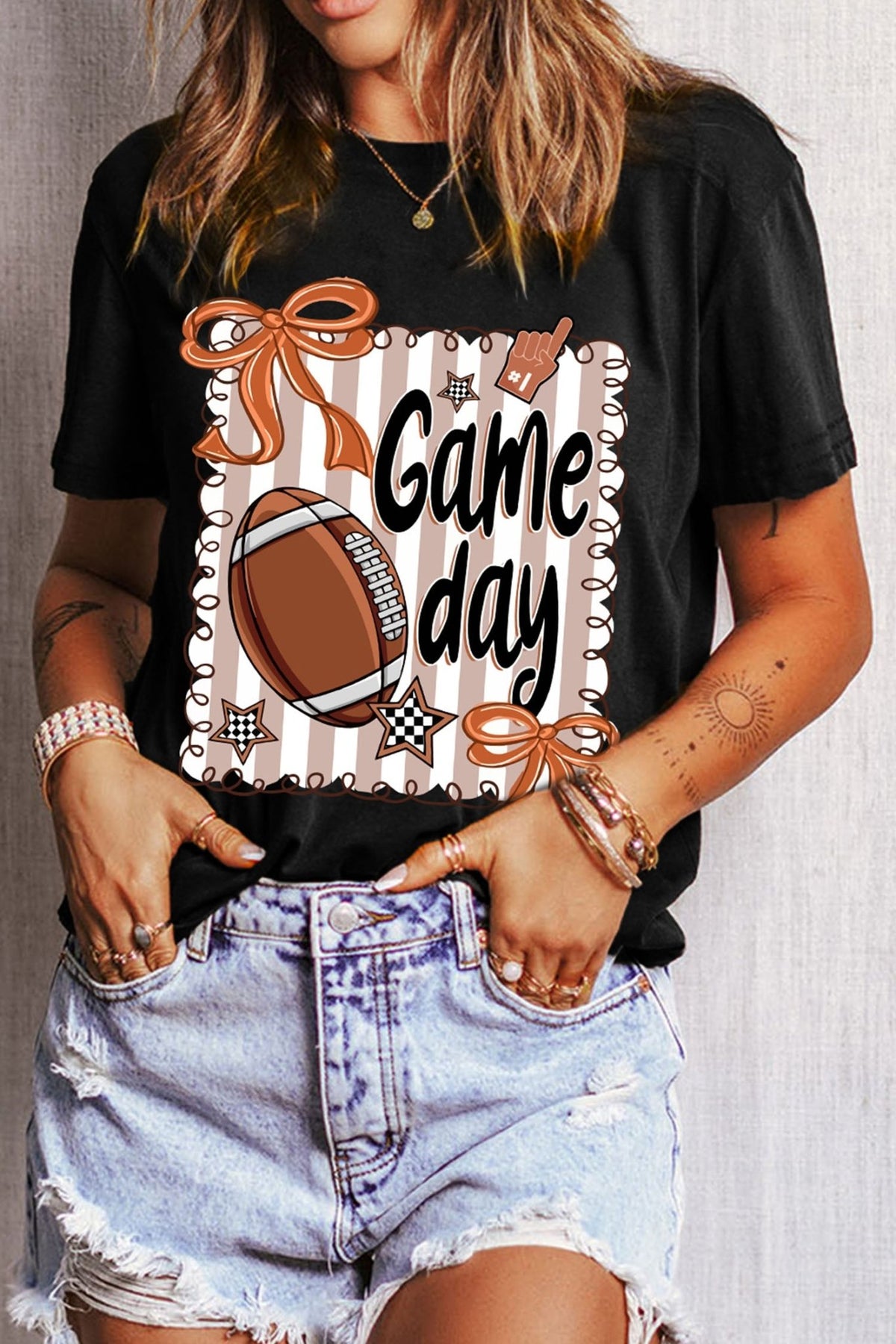 Black Casual Game Day Football Striped Tee - Walker Designs