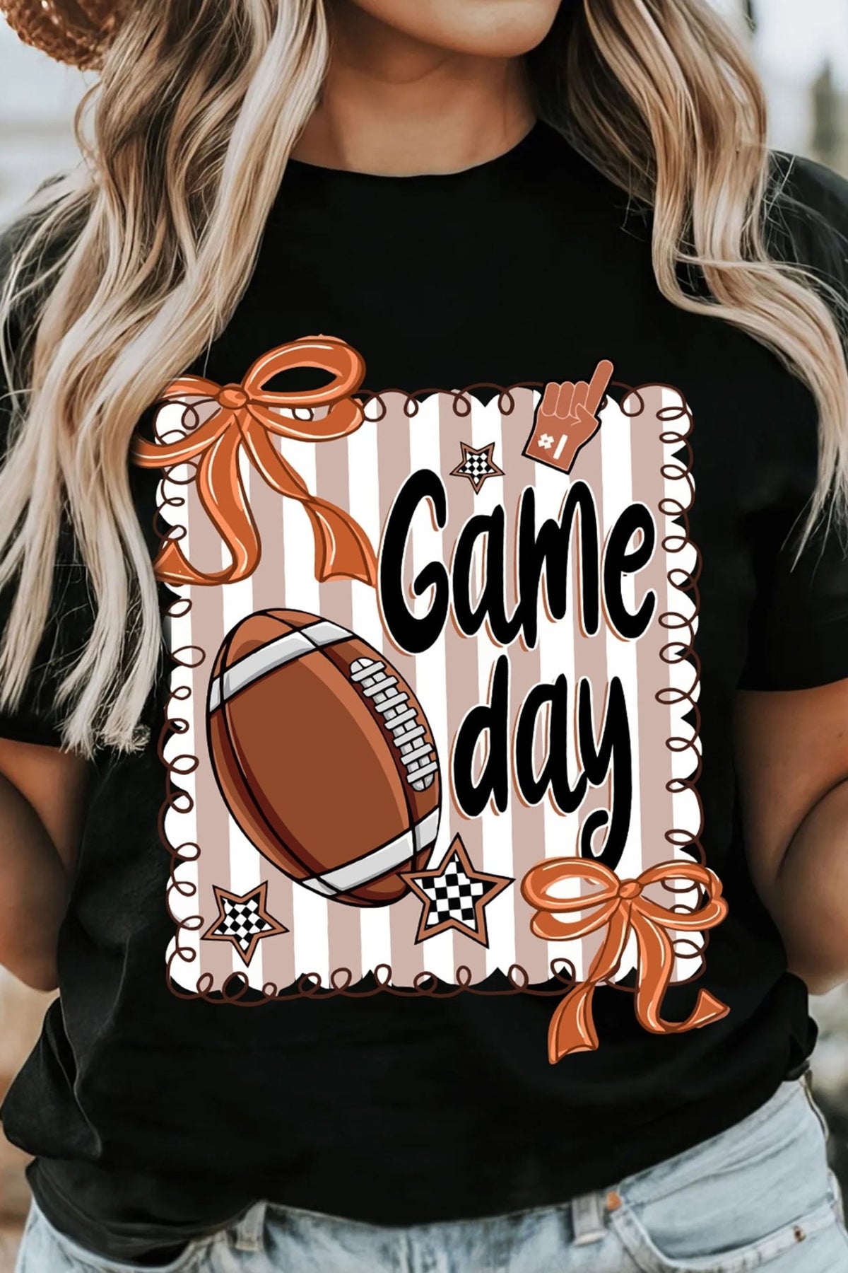 Black Casual Game Day Football Striped Tee - Walker Designs