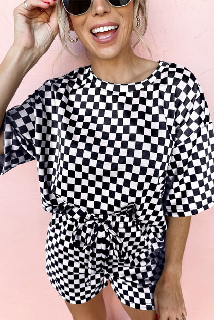 Black Checkered Top and Short Casual 2pcs Set - Walker Designs