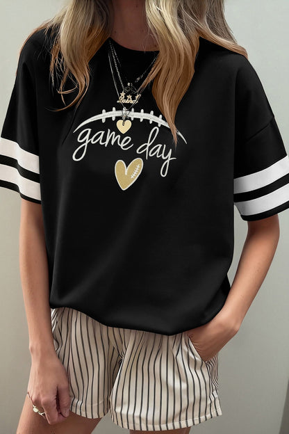 Black Game Day Embroidered Heart Pattern Varsity Casual T Shirt - Walker Designs