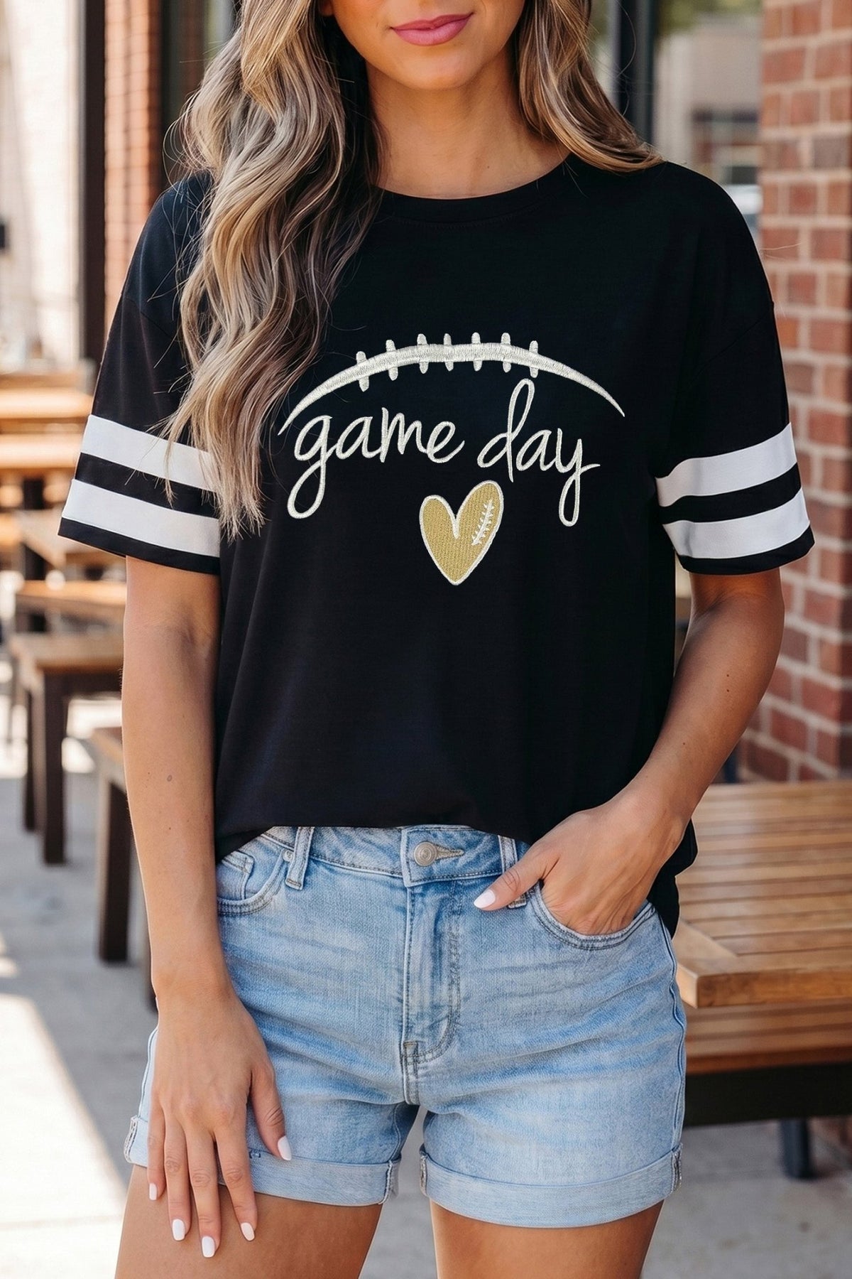 Black Game Day Embroidered Heart Pattern Varsity Casual T Shirt - Walker Designs