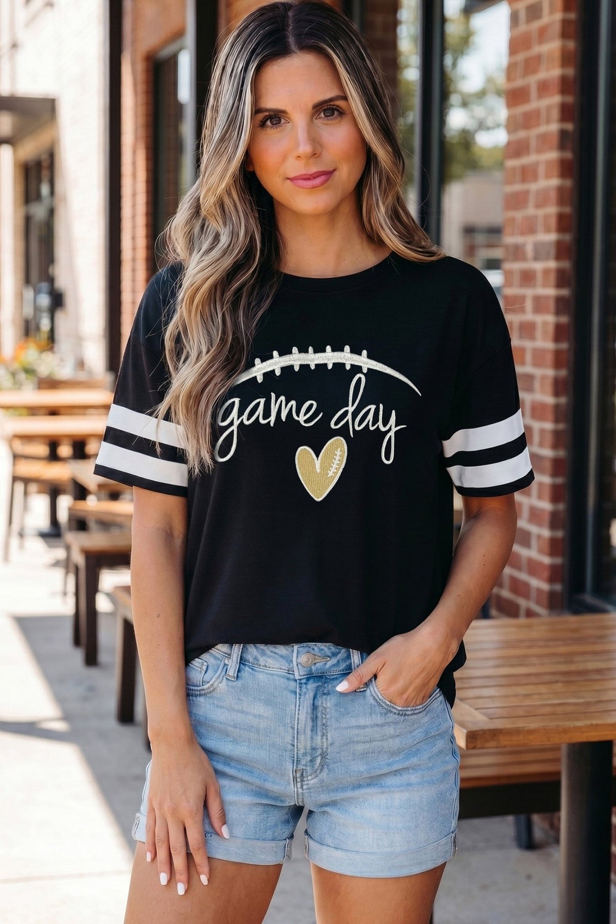 Black Game Day Embroidered Heart Pattern Varsity Casual T Shirt - Walker Designs