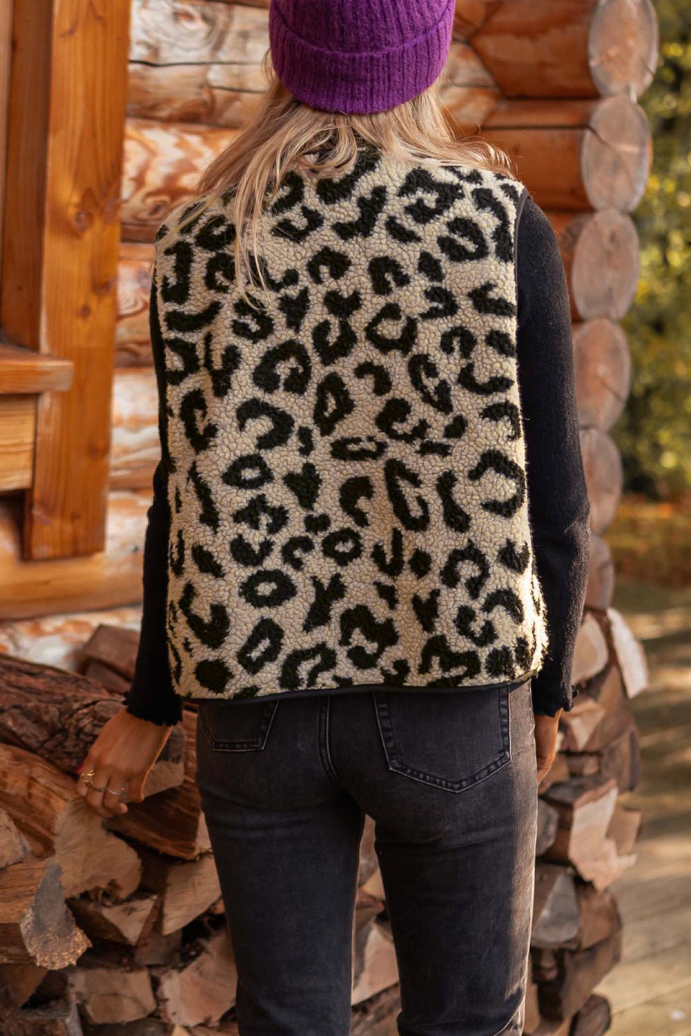 Black Leopard Print Sherpa Vest Coat - Walker Designs