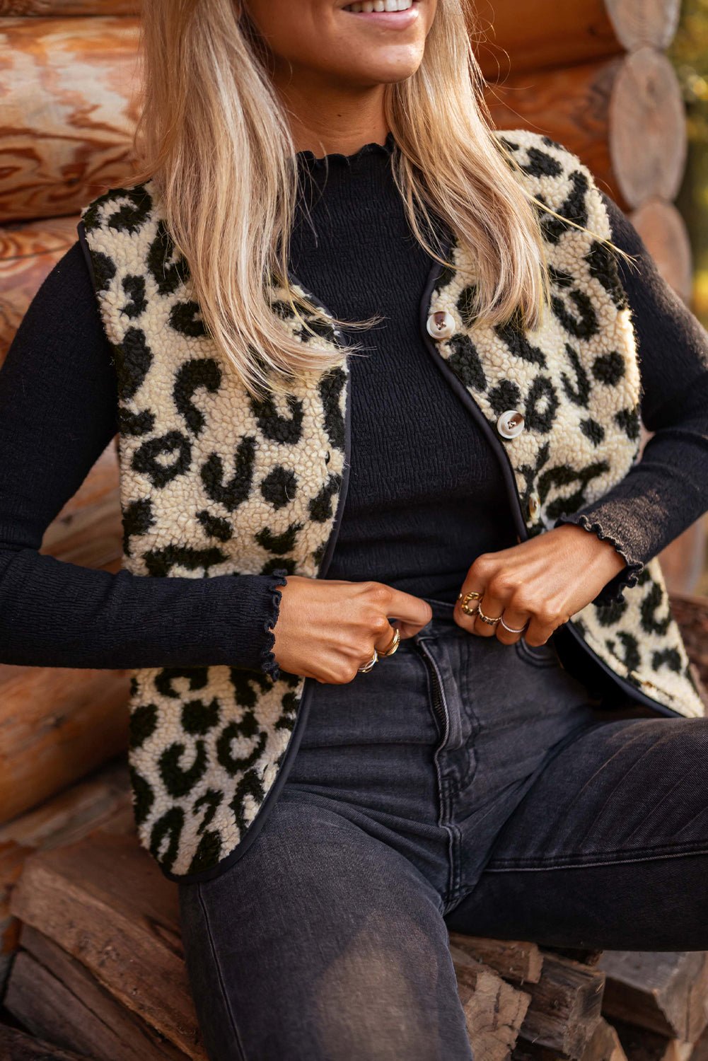 Black Leopard Print Sherpa Vest Coat - Walker Designs
