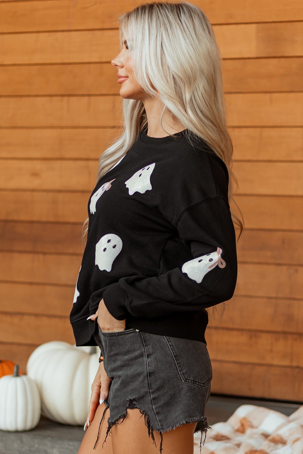 Black Sequin Cute Bow Ghost Graphic Crew Neck Halloween Sweatshirt - Walker Designs