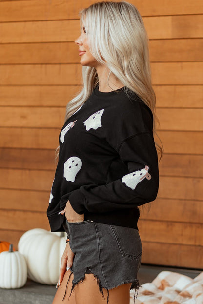 Black Sequin Cute Bow Ghost Graphic Crew Neck Halloween Sweatshirt - Walker Designs
