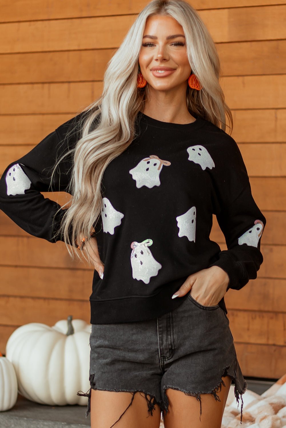 Black Sequin Cute Bow Ghost Graphic Crew Neck Halloween Sweatshirt - Walker Designs