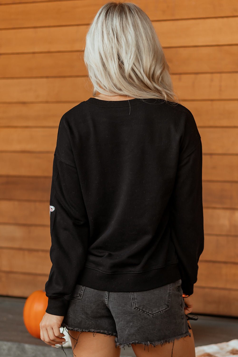 Black Sequin Cute Bow Ghost Graphic Crew Neck Halloween Sweatshirt - Walker Designs