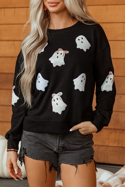 Black Sequin Cute Bow Ghost Graphic Crew Neck Halloween Sweatshirt - Walker Designs