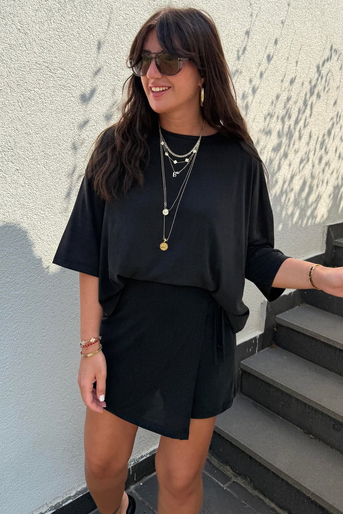 Black Solid Color Oversize Tee Tie Wrap Mini Skort 2pcs Set - Walker Designs