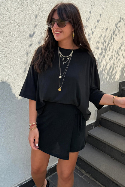 Black Solid Color Oversize Tee Tie Wrap Mini Skort 2pcs Set - Walker Designs