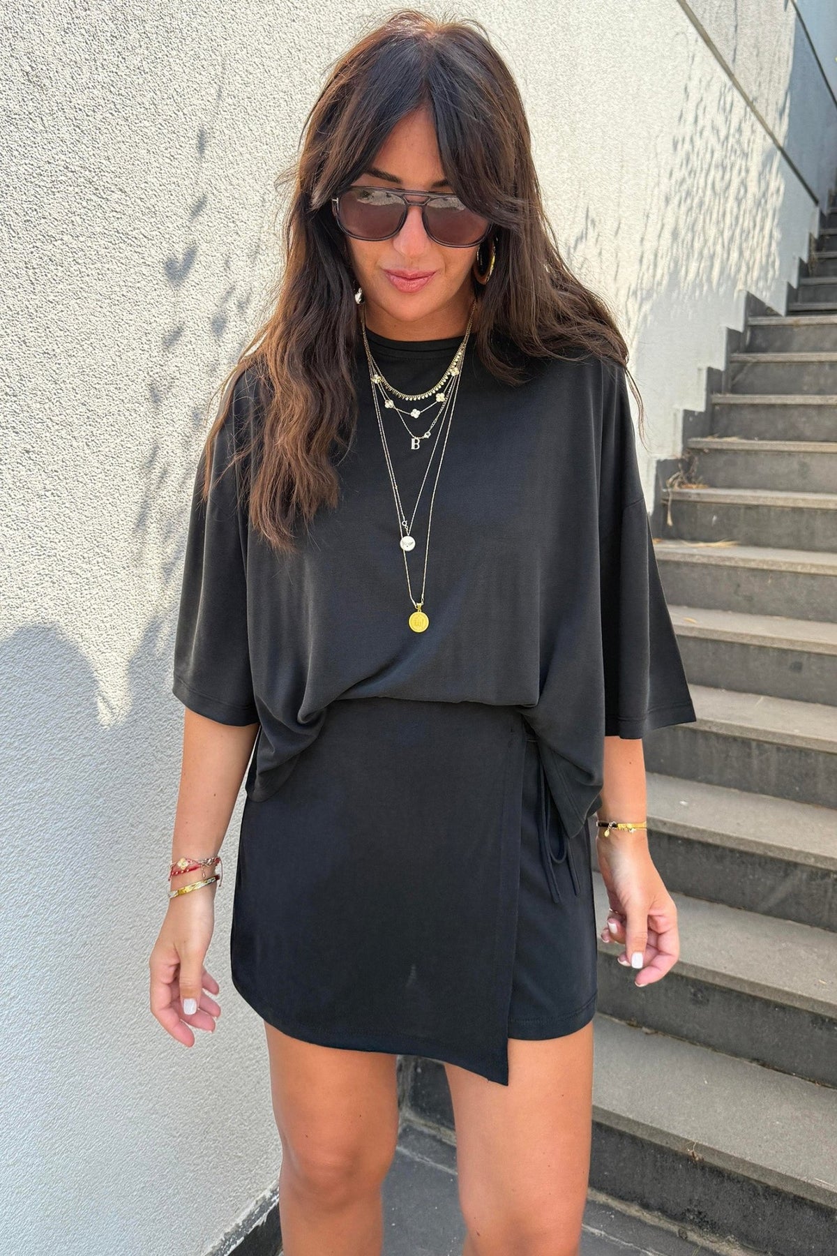Black Solid Color Oversize Tee Tie Wrap Mini Skort 2pcs Set - Walker Designs