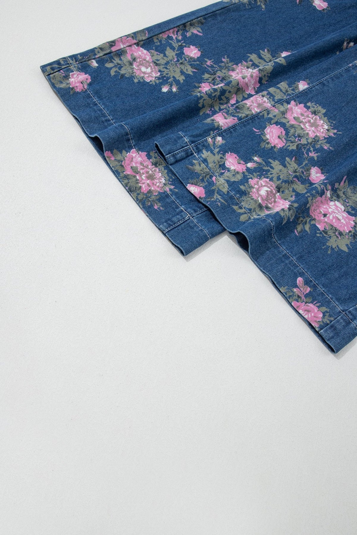 Blue Retro Floral Print Tie Elastic Waist Button Pintuck Wide Leg Jeans - Walker Designs