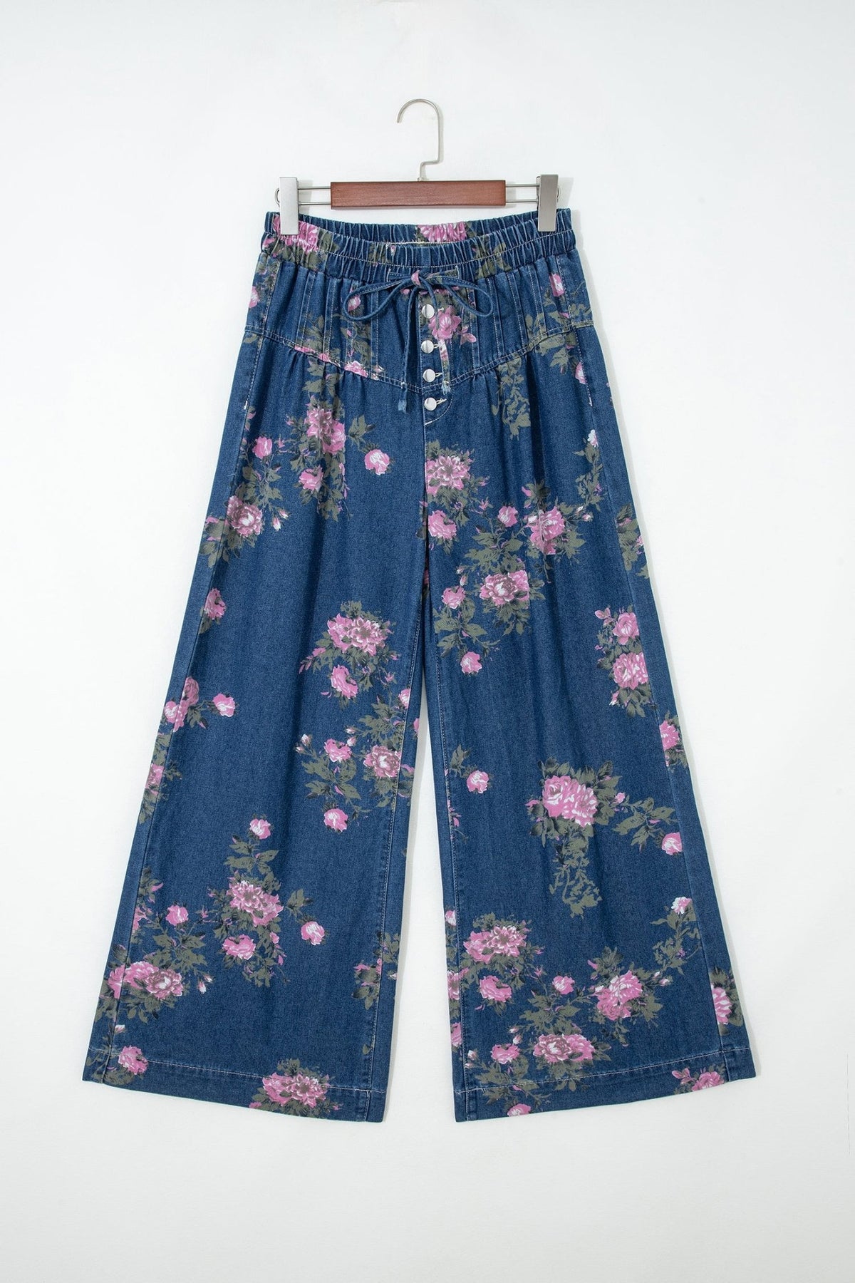Blue Retro Floral Print Tie Elastic Waist Button Pintuck Wide Leg Jeans - Walker Designs