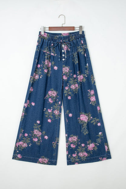 Blue Retro Floral Print Tie Elastic Waist Button Pintuck Wide Leg Jeans - Walker Designs