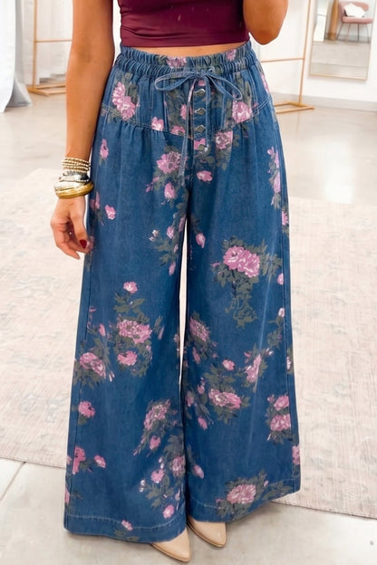 Blue Retro Floral Print Tie Elastic Waist Button Pintuck Wide Leg Jeans - Walker Designs
