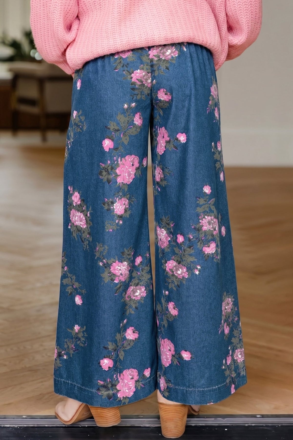 Blue Retro Floral Print Tie Elastic Waist Button Pintuck Wide Leg Jeans - Walker Designs