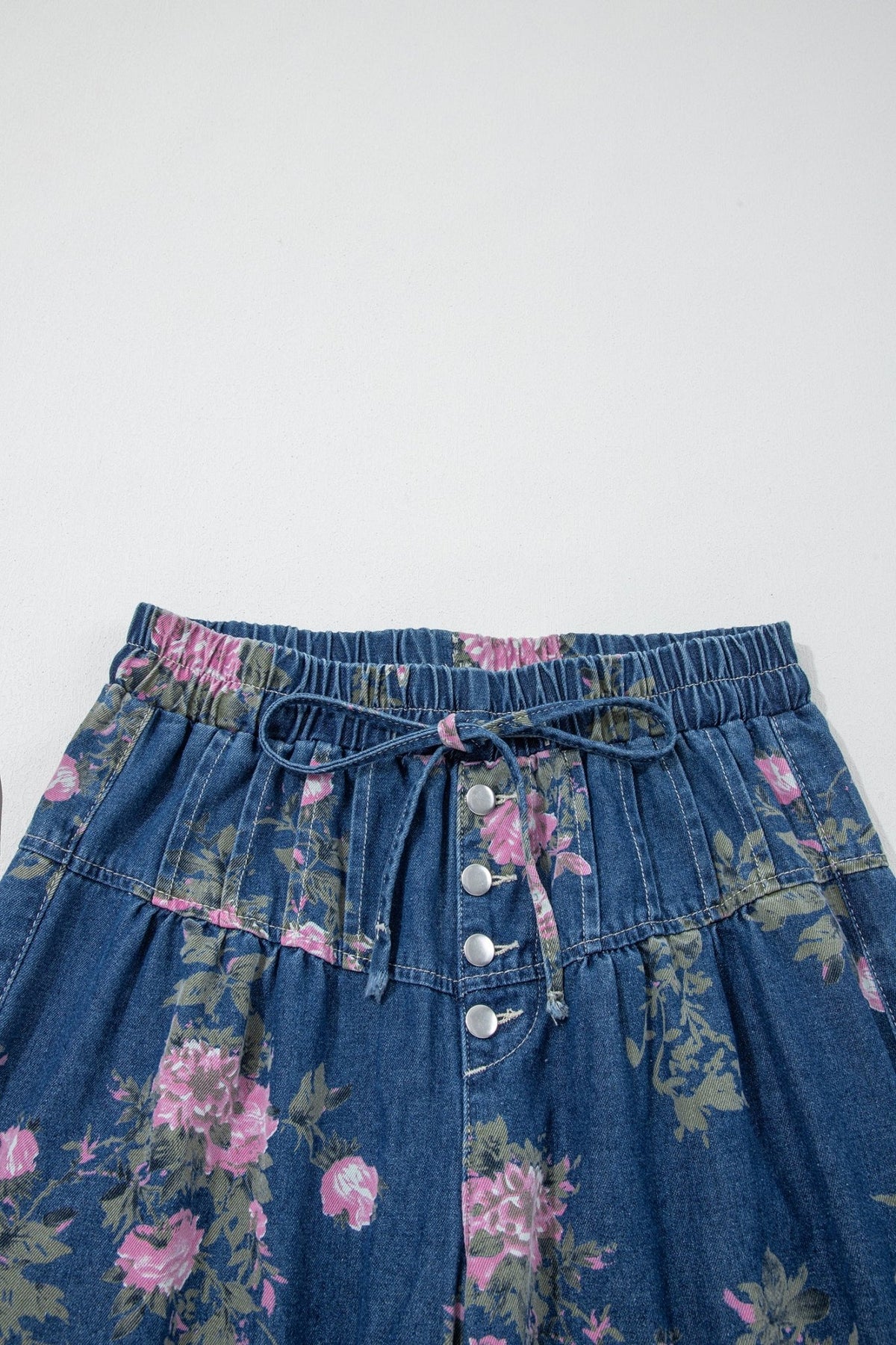 Blue Retro Floral Print Tie Elastic Waist Button Pintuck Wide Leg Jeans - Walker Designs