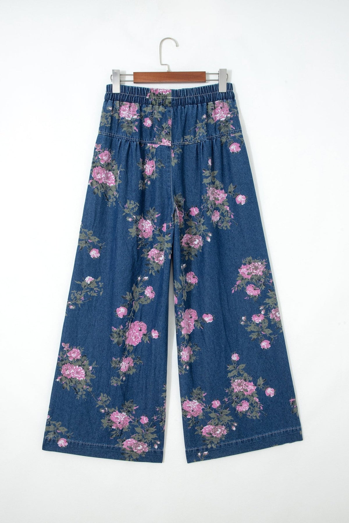 Blue Retro Floral Print Tie Elastic Waist Button Pintuck Wide Leg Jeans - Walker Designs