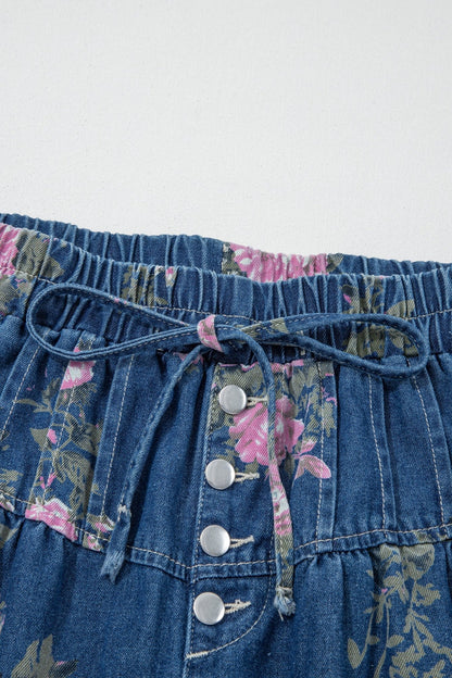 Blue Retro Floral Print Tie Elastic Waist Button Pintuck Wide Leg Jeans - Walker Designs