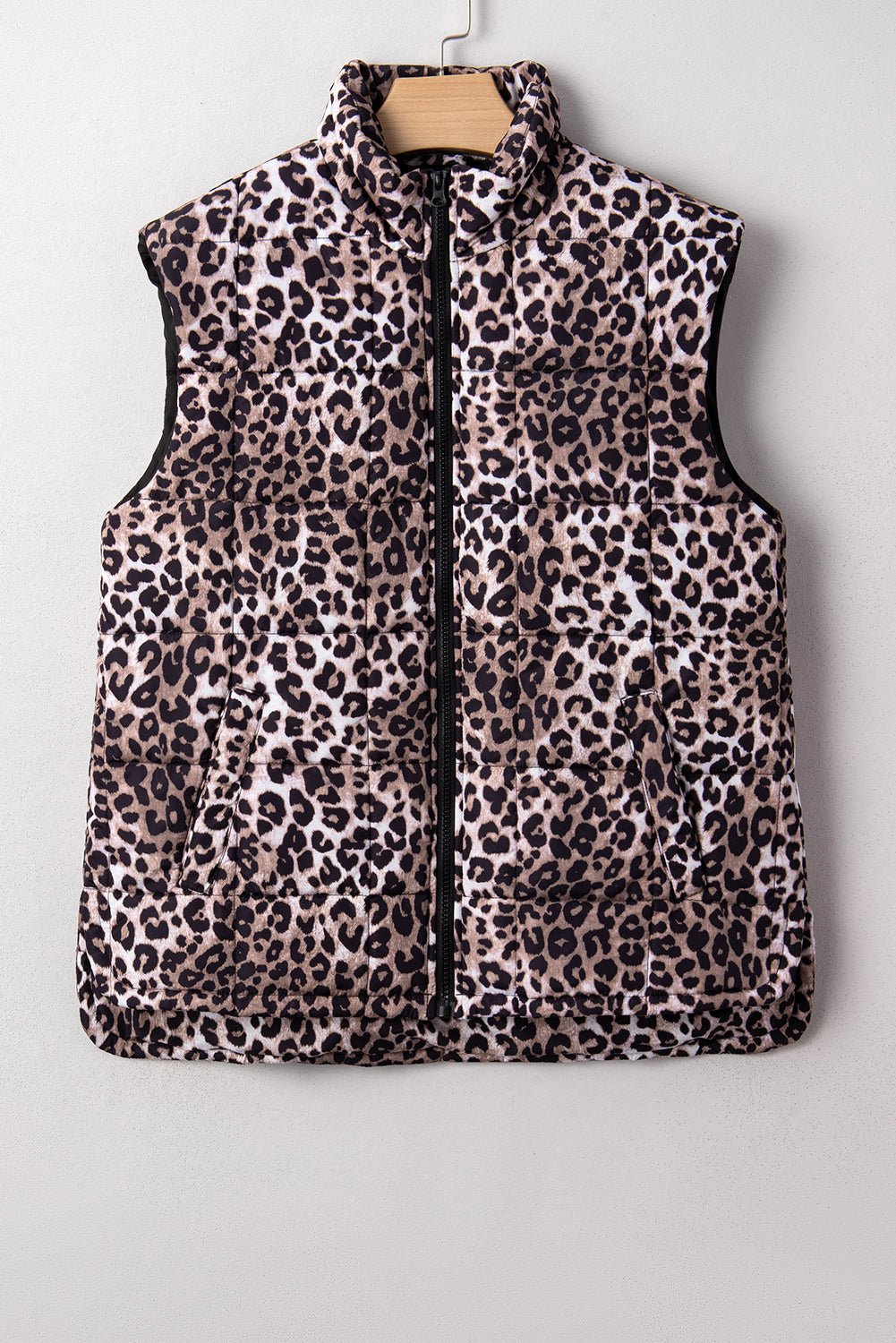 Brown Leopard Quilted Full Zipper Casual Puff Vest - Walker Designs