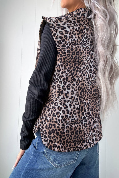 Brown Leopard Quilted Full Zipper Casual Puff Vest - Walker Designs