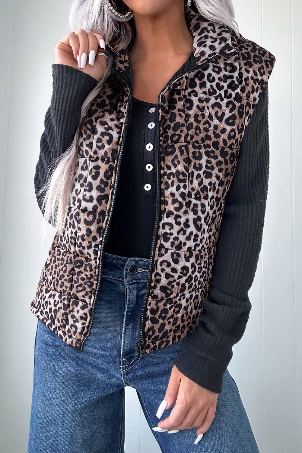 Brown Leopard Quilted Full Zipper Casual Puff Vest - Walker Designs
