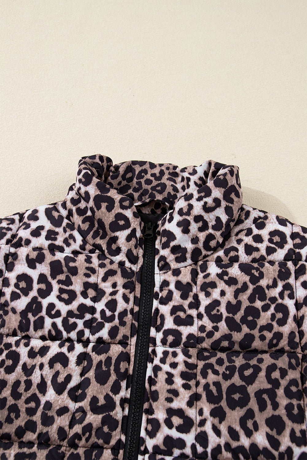 Brown Leopard Quilted Full Zipper Casual Puff Vest - Walker Designs